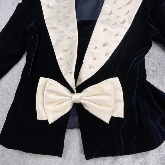 Nah Nah Collection Women 15/16 Formal Black Velvet Bow Beads USA Made Blazer Top - Picture 9 of 15